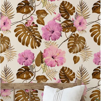 Papel de Parede de Vinil Autoadesivo Floral de Hibisco Verde, Revestimento Decorativo Fácil para Quarto, Sala e Armários - S4Sassy 63,5 cm (L) × 152,4 cm (C) / Verde - Vinil Liso