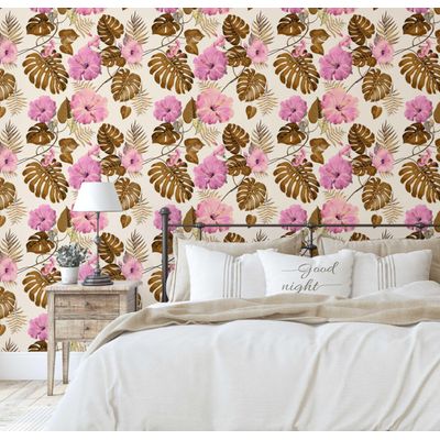 Papel de Parede de Vinil Autoadesivo Floral de Hibisco Verde, Revestimento Decorativo Fácil para Quarto, Sala e Armários - S4Sassy 63,5 cm (L) × 152,4 cm (C) / Verde - Vinil Liso