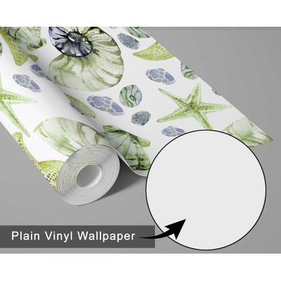 Adesivo de Parede Vinílico Removível Vida Marinha Aquarela Conchas e Estrelas-do-Mar Verde para Banheiro, Lavanderia e Armário - S4Sassy 63,5 cm (L) × 609,6 cm (C) / Verde - Vinil Texturizado