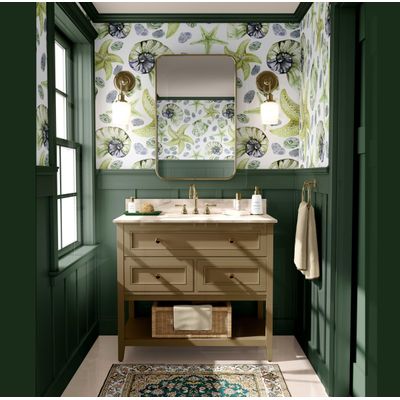 Adesivo de Parede Vinílico Removível Vida Marinha Aquarela Conchas e Estrelas-do-Mar Verde para Banheiro, Lavanderia e Armário - S4Sassy 63,5 cm (L) × 609,6 cm (C) / Verde - Vinil Texturizado