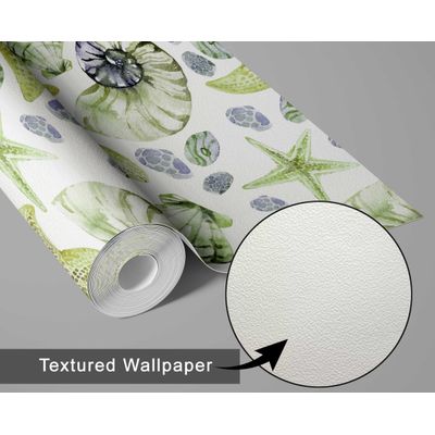 Adesivo de Parede Vinílico Removível Vida Marinha Aquarela Conchas e Estrelas-do-Mar Verde para Banheiro, Lavanderia e Armário - S4Sassy 63,5 cm (L) × 609,6 cm (C) / Verde - Vinil Texturizado