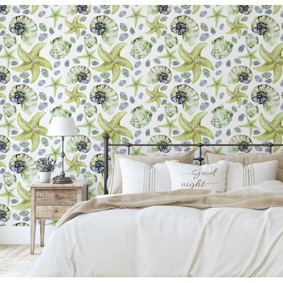 Adesivo de Parede Vinílico Removível Vida Marinha Aquarela Conchas e Estrelas-do-Mar Verde para Banheiro, Lavanderia e Armário - S4Sassy 63,5 cm (L) × 609,6 cm (C) / Verde - Vinil Texturizado
