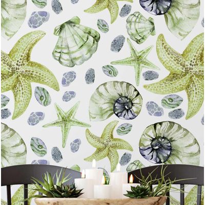 Adesivo de Parede Vinílico Removível Vida Marinha Aquarela Conchas e Estrelas-do-Mar Verde para Banheiro, Lavanderia e Armário - S4Sassy 63,5 cm (L) × 609,6 cm (C) / Verde - Vinil Texturizado