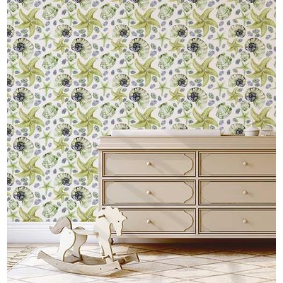 Adesivo de Parede Vinílico Removível Vida Marinha Aquarela Conchas e Estrelas-do-Mar Verde para Banheiro, Lavanderia e Armário - S4Sassy 63,5 cm (L) × 609,6 cm (C) / Verde - Vinil Texturizado