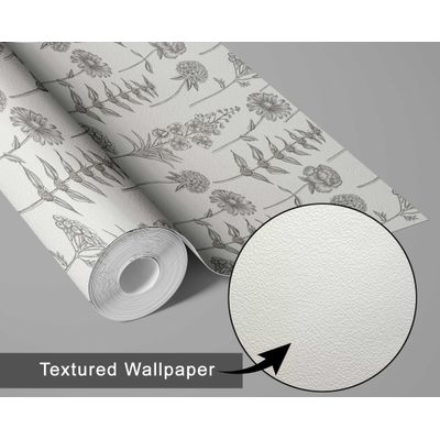 Papel de Parede Vinílico Autoadesivo Impermeável, Estampa Botânica Esboço Chique, Cinza, para Quartos, Espaços Alugados e Armários - S4Sassy 63,5 cm (L) × 152,4 cm (C) / Cinza - Vinil Texturizado