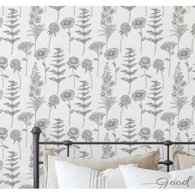 Papel de Parede Vinílico Autoadesivo Impermeável, Estampa Botânica Esboço Chique, Cinza, para Quartos, Espaços Alugados e Armários - S4Sassy 63,5 cm (L) × 152,4 cm (C) / Cinza - Vinil Texturizado