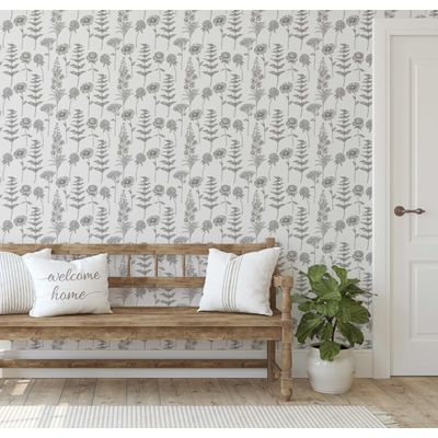 Papel de Parede Vinílico Autoadesivo Impermeável, Estampa Botânica Esboço Chique, Cinza, para Quartos, Espaços Alugados e Armários - S4Sassy 63,5 cm (L) × 152,4 cm (C) / Cinza - Vinil Texturizado