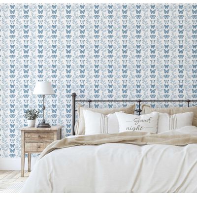 Papel Vinílico Adesivo Chique Borboletas e Trepadeira Floral Impermeável Azul Removível para Quartos, Espaços Alugados e Armários - S4Sassy 63,5 cm (L) × 304,8 cm (C) / Azul - Vinil Liso