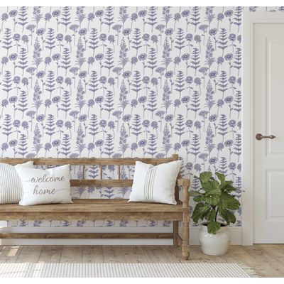 Papel de Parede Vinílico Autoadesivo Impermeável Estampa Botânica Chic Roxo para Quartos, Espaços de Locatários e Armários - S4Sassy 63,5 cm (L) × 304,8 cm (C) / Roxo - Vinil Liso