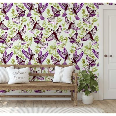 Removível Impermeável Inspirado na Natureza Pássaro Azul em Voo e Folhagens Rolo Vinílico Autoadesivo para Paredes e Armários Roxo - S4sassy 63,5 cm (L) × 304,8 cm (C) / Roxo - Vinil Liso