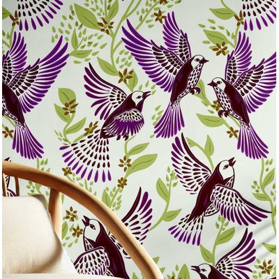 Removível Impermeável Inspirado na Natureza Pássaro Azul em Voo e Folhagens Rolo Vinílico Autoadesivo para Paredes e Armários Roxo - S4sassy 63,5 cm (L) × 304,8 cm (C) / Roxo - Vinil Liso