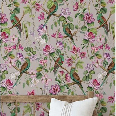 Papel de Parede Vinil Autoadesivo Chique com Aves Exóticas, Impermeável, Removível - Cinza para Quartos, Inquilinos e Armários - S4Sassy 63,5 cm (L) × 304,8 cm (C) / Cinza - Vinil Liso