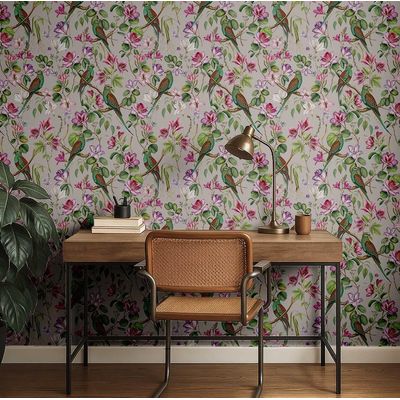 Papel de Parede Vinil Autoadesivo Chique com Aves Exóticas, Impermeável, Removível - Cinza para Quartos, Inquilinos e Armários - S4Sassy 63,5 cm (L) × 304,8 cm (C) / Cinza - Vinil Liso