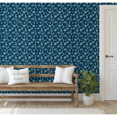 Papel de Parede Vinílico Autoadesivo Mini Palmeira Tropical Impermeável Azul, Removível para Quartos, Salas, Locação e Armários - S4Sassy 63,5 cm (L) × 609,6 cm (C) / Azul - Vinil Liso