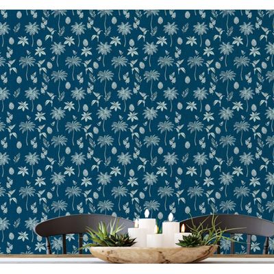 Papel de Parede Vinílico Autoadesivo Mini Palmeira Tropical Impermeável Azul, Removível para Quartos, Salas, Locação e Armários - S4Sassy 63,5 cm (L) × 609,6 cm (C) / Azul - Vinil Liso