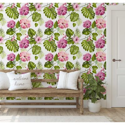 Papel de Parede Vinílico Floral Hibisco Verde Autoadesivo, Revestimento Decorativo, Decoração DIY Para Quarto, Sala e Armários - S4Sassy 63,5 cm (L) × 914,4 cm (C) / Verde - Vinil Liso