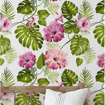 Papel de Parede Vinílico Floral Hibisco Verde Autoadesivo, Revestimento Decorativo, Decoração DIY Para Quarto, Sala e Armários - S4Sassy 63,5 cm (L) × 914,4 cm (C) / Verde - Vinil Liso