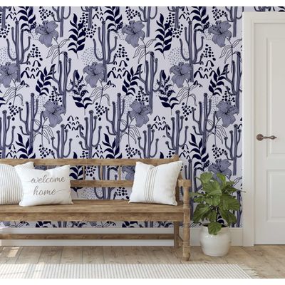 Papel de Parede Vinílico Autoadesivo Floral de Cactos, Impermeável Roxo, Removível p/ Quartos, Salas, Armários, Inquilinos - S4Sassy 63,5 cm (L) × 914,4 cm (C) / Roxo - Vinil Liso
