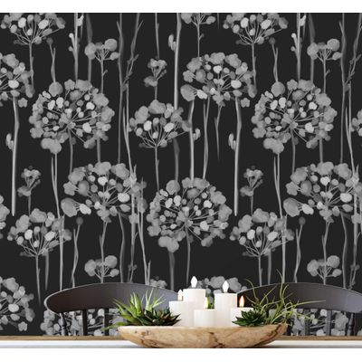 Adesivo de Parede Preto Contemporâneo Removível Autumn Bloom, Rolo Vinílico Autoadesivo Impermeável para Armários e Cômoda - S4sassy 63,5 cm (L) × 152,4 cm (C) / Preto - Vinil Liso