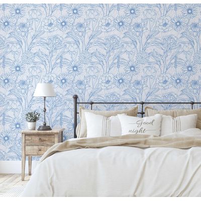 Papel de Parede Vinílico Autoadesivo, Estampa Floral Grande Contorno Chic, Papel Contact Azul Impermeável para Quartos e Armários - S4Sassy 63,5 cm (L) × 152,4 cm (C) / Azul - Vinil Texturizado