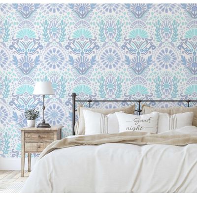 Adesivo de Parede Azul Contemporâneo Removível, Rolo Vinílico Autoadesivo Impermeável com Motivos Étnicos para Armários e Cômoda - S4Sassy 63,5 cm (L) × 152,4 cm (C) / Azul - Vinil Texturizado