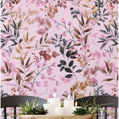 Papel de Parede Vinílico Autoadesivo Estampa Floral Aquarela à Prova d'Água Rosa Removível para Ambientes Alugados, Armários - S4Sassy 63,5 cm (L) × 152,4 cm (C) / Rosa - Vinil Texturizado