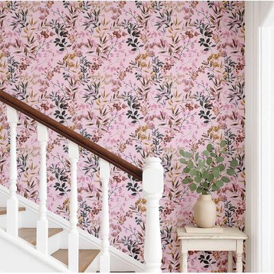 Papel de Parede Vinílico Autoadesivo Estampa Floral Aquarela à Prova d'Água Rosa Removível para Ambientes Alugados, Armários - S4Sassy 63,5 cm (L) × 152,4 cm (C) / Rosa - Vinil Texturizado