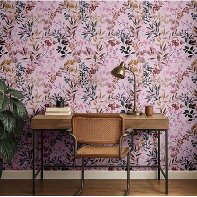 Papel de Parede Vinílico Autoadesivo Estampa Floral Aquarela à Prova d'Água Rosa Removível para Ambientes Alugados, Armários - S4Sassy 63,5 cm (L) × 152,4 cm (C) / Rosa - Vinil Texturizado