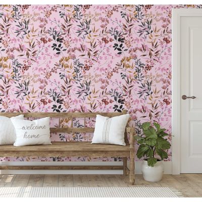 Papel de Parede Vinílico Autoadesivo Estampa Floral Aquarela à Prova d'Água Rosa Removível para Ambientes Alugados, Armários - S4Sassy 63,5 cm (L) × 152,4 cm (C) / Rosa - Vinil Texturizado