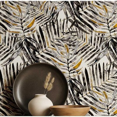 Papel de Parede Vinílico Adesivo Estampa de Folhas de Palmeira Impermeável, Removível em Quartos, Espaços de Inquilinos e Armários - S4Sassy 63,5 cm (L) × 152,4 cm (C) / Preto - Vinil Texturizado