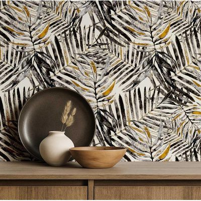 Papel de Parede Vinílico Adesivo Estampa de Folhas de Palmeira Impermeável, Removível em Quartos, Espaços de Inquilinos e Armários - S4Sassy 63,5 cm (L) × 152,4 cm (C) / Preto - Vinil Texturizado