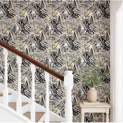 Papel de Parede Vinílico Adesivo Estampa de Folhas de Palmeira Impermeável, Removível em Quartos, Espaços de Inquilinos e Armários - S4Sassy 63,5 cm (L) × 152,4 cm (C) / Preto - Vinil Texturizado