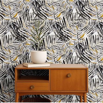 Papel de Parede Vinílico Adesivo Estampa de Folhas de Palmeira Impermeável, Removível em Quartos, Espaços de Inquilinos e Armários - S4Sassy 63,5 cm (L) × 152,4 cm (C) / Preto - Vinil Texturizado