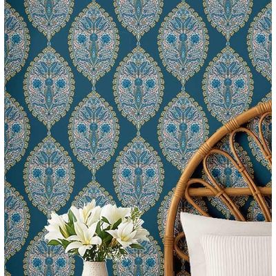 Papel de Parede Floral Paisley Azul, Vinílico Autoadesivo, Fácil de Aplicar para Quarto Estilo Fazenda, Sala, Armários e Ambientes - S4Sassy 63,5 cm (L) × 152,4 cm (C) / Azul - Vinil Texturizado