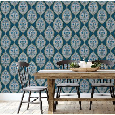 Papel de Parede Floral Paisley Azul, Vinílico Autoadesivo, Fácil de Aplicar para Quarto Estilo Fazenda, Sala, Armários e Ambientes - S4Sassy 63,5 cm (L) × 152,4 cm (C) / Azul - Vinil Texturizado