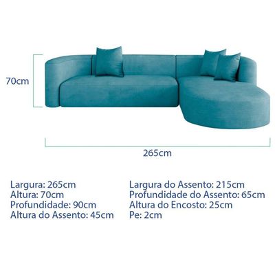 Sofá Modular Celinne Luxuoso Sala De Estar Decoração Luxo 265cm Suede Corano Azul Turquesa