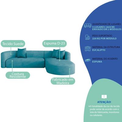 Sofá Modular Celinne Luxuoso Sala De Estar Decoração Luxo 265cm Suede Corano Azul Turquesa
