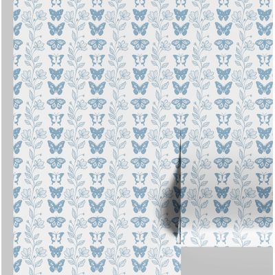 Papel Vinílico Adesivo Chique Borboletas e Trepadeira Floral Impermeável Azul Removível para Quartos, Espaços Alugados e Armários - S4Sassy 63,5 cm (L) × 152,4 cm (C) / Azul - Vinil Liso