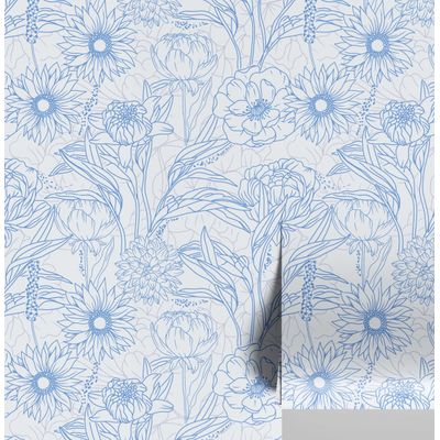 Papel de Parede Vinílico Autoadesivo, Estampa Floral Grande Contorno Chic, Papel Contact Azul Impermeável para Quartos e Armários - S4Sassy 63,5 cm (L) × 152,4 cm (C) / Azul - Vinil Liso