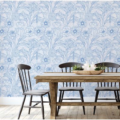 Papel de Parede Vinílico Autoadesivo, Estampa Floral Grande Contorno Chic, Papel Contact Azul Impermeável para Quartos e Armários - S4Sassy 63,5 cm (L) × 152,4 cm (C) / Azul - Vinil Liso