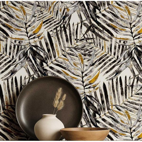 Papel de Parede Vinílico Adesivo Estampa de Folhas de Palmeira Impermeável, Removível em Quartos, Espaços de Inquilinos e Armários - S4Sassy 63,5 cm (L) × 152,4 cm (C) / Preto - Vinil Liso