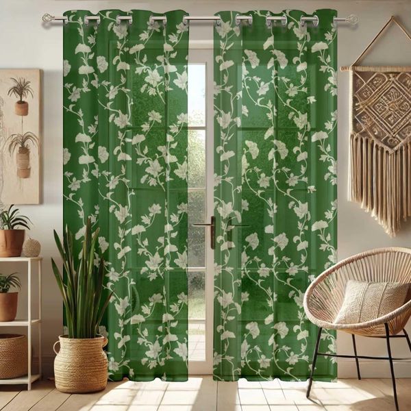 Cortinas Extra-Longas de Georgette Translúcidas com Estampa Floral Verde para Janelas/Portas Altas 2 Painéis Topo com Ilhós - Vargottam 106,68 Cm (L) × 160,02 Cm (C) / Verde