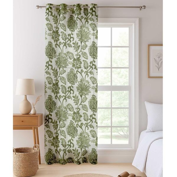 Cortinas Translúcidas Extra-Longas para Janelas/Portas de Pé-Direito Duplo, Conj. 2 Painéis com Ilhós, Georgette Estampadas - Vargottam 106,68 Cm (L) × 160,02 Cm (C) / Verde