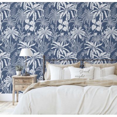 Papel de Parede Vinílico Autoadesivo Estampa Botânica de Selva Impermeável Azul Removível para Quartos, Espaços Alugados, Armários - S4Sassy 63,5 cm (L) × 304,8 cm (C) / Azul - Vinil Liso