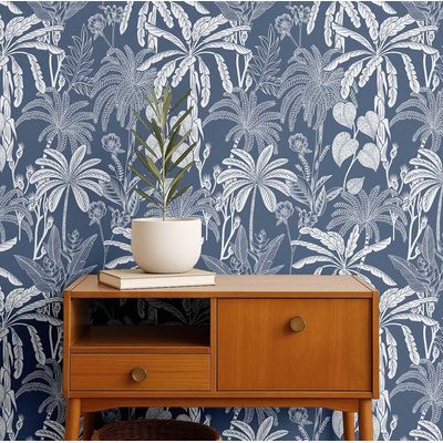 Papel de Parede Vinílico Autoadesivo Estampa Botânica de Selva Impermeável Azul Removível para Quartos, Espaços Alugados, Armários - S4Sassy 63,5 cm (L) × 304,8 cm (C) / Azul - Vinil Liso