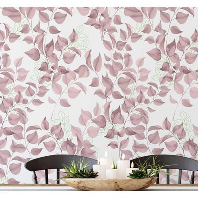 Papel de Parede Vinílico Autoadesivo Folhas Aquarela Chique Impermeável Rosa, Removível para Quartos, Salas, Locatários e Armários - S4Sassy 63,5 cm (L) × 914,4 cm (C) / Rosa - Vinil Texturizado