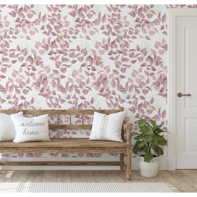 Papel de Parede Vinílico Autoadesivo Folhas Aquarela Chique Impermeável Rosa, Removível para Quartos, Salas, Locatários e Armários - S4Sassy 63,5 cm (L) × 914,4 cm (C) / Rosa - Vinil Texturizado