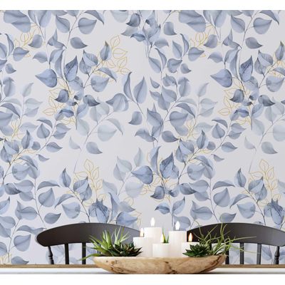 Papel de Parede Vinílico Autoadesivo Chic Folhas Aquareladas Impermeável - Azul, Removível para Quartos, Sala, Armários e Locação - S4Sassy 63,5 cm (L) × 609,6 cm (C) / Azul - Vinil Texturizado