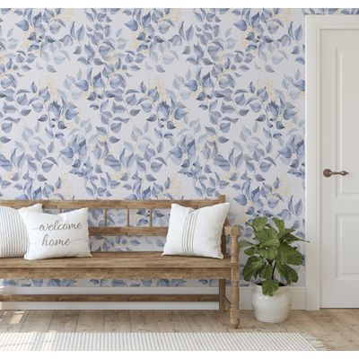 Papel de Parede Vinílico Autoadesivo Chic Folhas Aquareladas Impermeável - Azul, Removível para Quartos, Sala, Armários e Locação - S4Sassy 63,5 cm (L) × 609,6 cm (C) / Azul - Vinil Texturizado