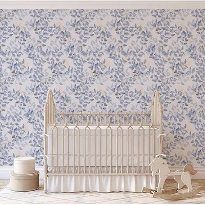 Papel de Parede Vinílico Autoadesivo Chic Folhas Aquareladas Impermeável - Azul, Removível para Quartos, Sala, Armários e Locação - S4Sassy 63,5 cm (L) × 609,6 cm (C) / Azul - Vinil Texturizado